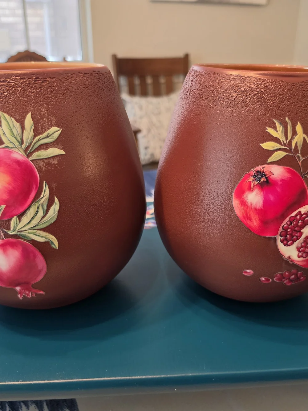 Pair of ceramic pomegranate decorative jars/vases Reddish-brown finish
